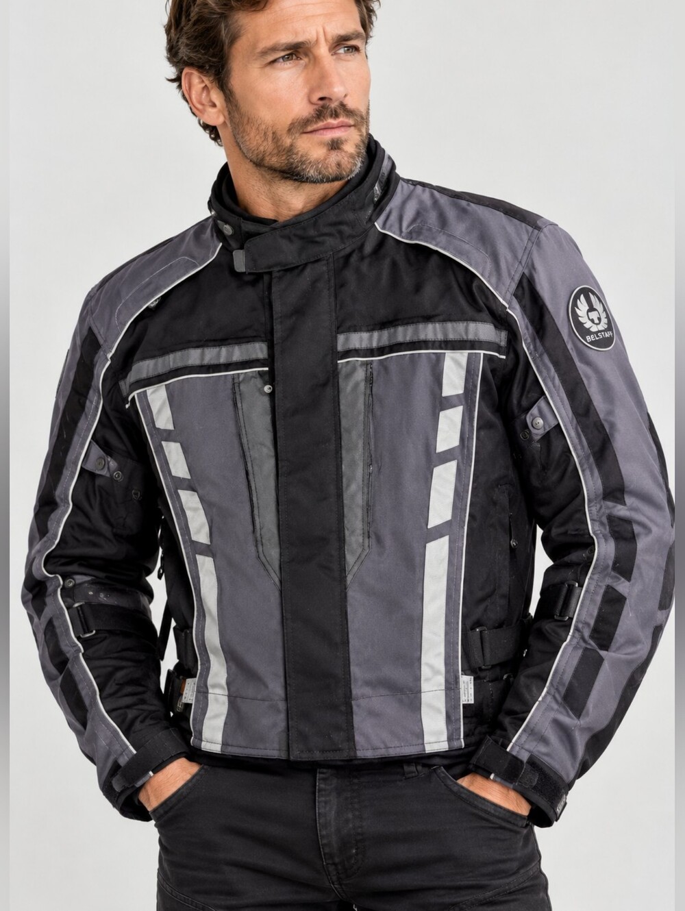 Belstaff Motorcycle Jacket Large Mens Black Gray Reflective Biker Riding Moto